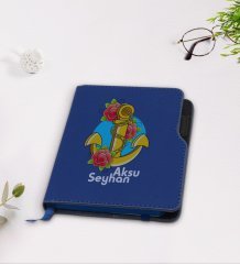 Kişiye Özel Çapa Tasarımlı Lacivert Termo Deri Defter-4