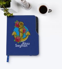 Kişiye Özel Çapa Tasarımlı Lacivert Termo Deri Defter-4