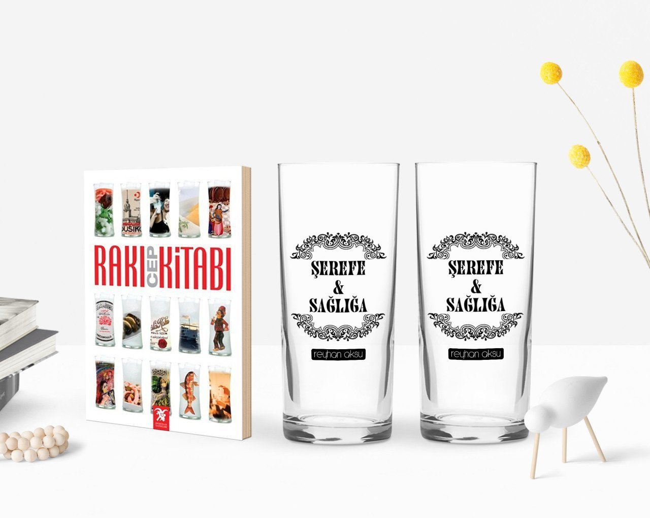 Kişiye Özel Renkli Baskılı Şerefe ve Sağlığa Tasarımlı İkili Rakı Bardağı ve Rakı Cep Kitabı Hediye Seti-1
