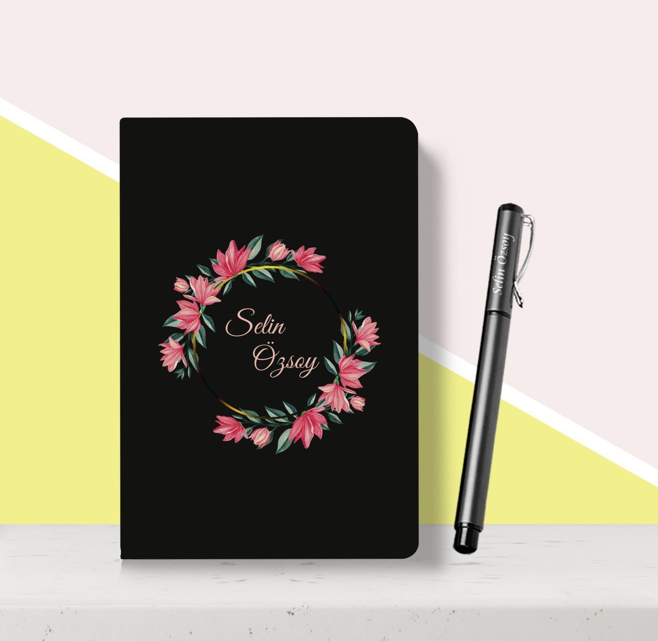 Kişiye Özel Çiçek Desenli Siyah Defter Kalem Seti-3