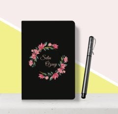 Kişiye Özel Çiçek Desenli Siyah Defter Kalem Seti-3