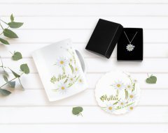 Kişiye Özel Papatya Temalı Kupa Bardak Altlığı ve İsimli Silver Papatya Kolye Seti-1