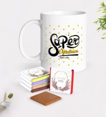 Kişiye Özel Süper Öğretmen Beyaz Kupa ve Çikolata Hediye Seti-1
