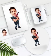 Kişiye Özel Erkek Kuaför Karikatürlü Defter Kalem Kupa Mouse Pad Seti