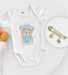 BK Kids Kişiye Özel İsimli Beyaz Bebek Body Zıbın ve Erkek Bebek İğnesi Hediye Seti-7