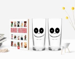 Kişiye Özel Renkli Baskılı Sevimli Korkunç Yüz Tasarımlı İkili Rakı Bardağı ve Rakı Cep Kitabı Hediye Seti-1