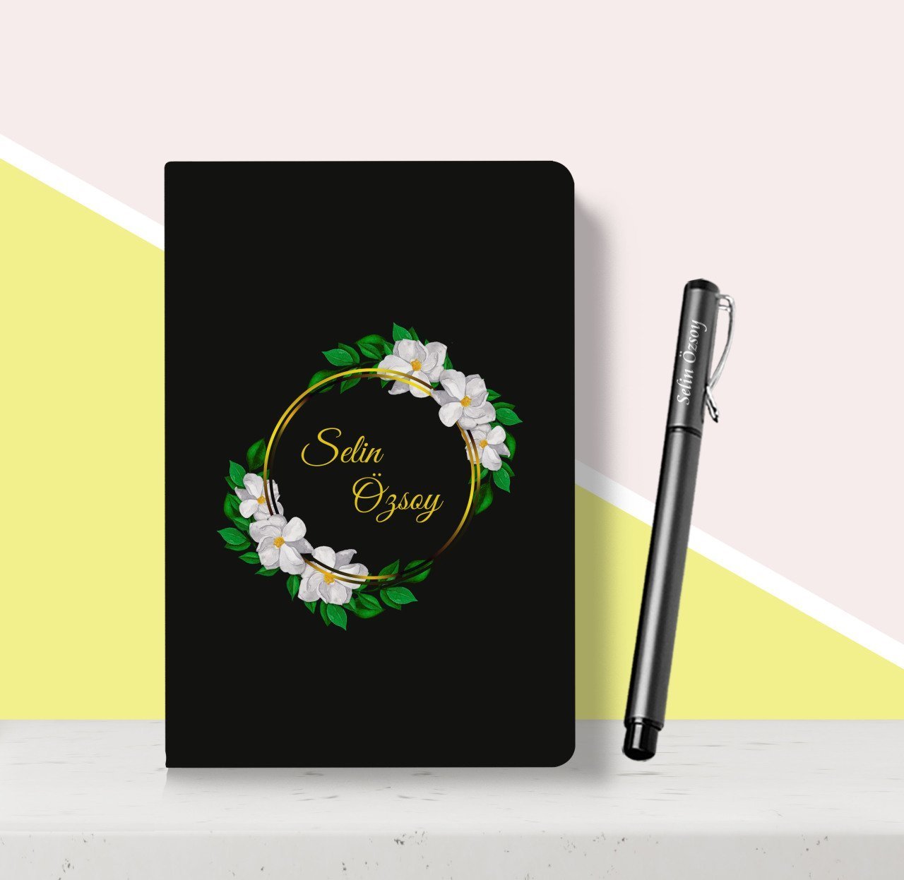Kişiye Özel Çiçek Desenli Siyah Defter Kalem Seti-2