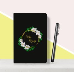 Kişiye Özel Çiçek Desenli Siyah Defter Kalem Seti-2
