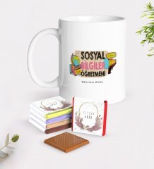 Kişiye Özel Sosyal Bilgiler Öğretmeni Beyaz Kupa ve Çikolata Hediye Seti-3
