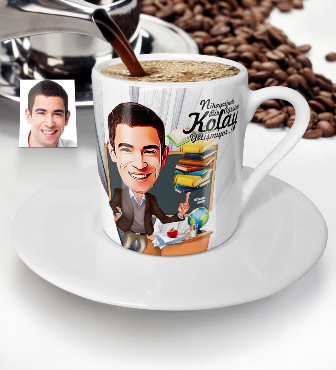 Kişiye Özel Bay Öğretmen Karikatür Türk Kahvesi Fincanı - 2