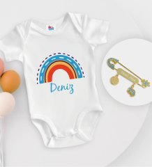 BK Kids Kişiye Özel İsimli Beyaz Bebek Body Zıbın ve Erkek Bebek İğnesi Hediye Seti-2
