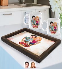 Kişiye Özel İsimli Sevgililer Karikatürlü Doğal Ahşap Tepsi ve 2’li Kupa Bardak Seti-51