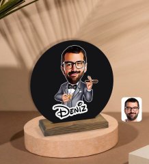 Kişiye Özel Erkek Patron Karikatürlü Yuvarlak Ahşap Biblo-3