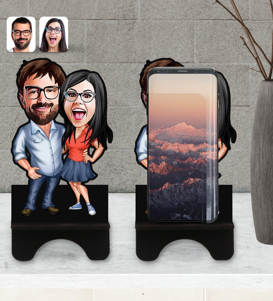 Kişiye Özel Sevgililer Karikatürlü Ahşap Biblo Telefon Standı-105