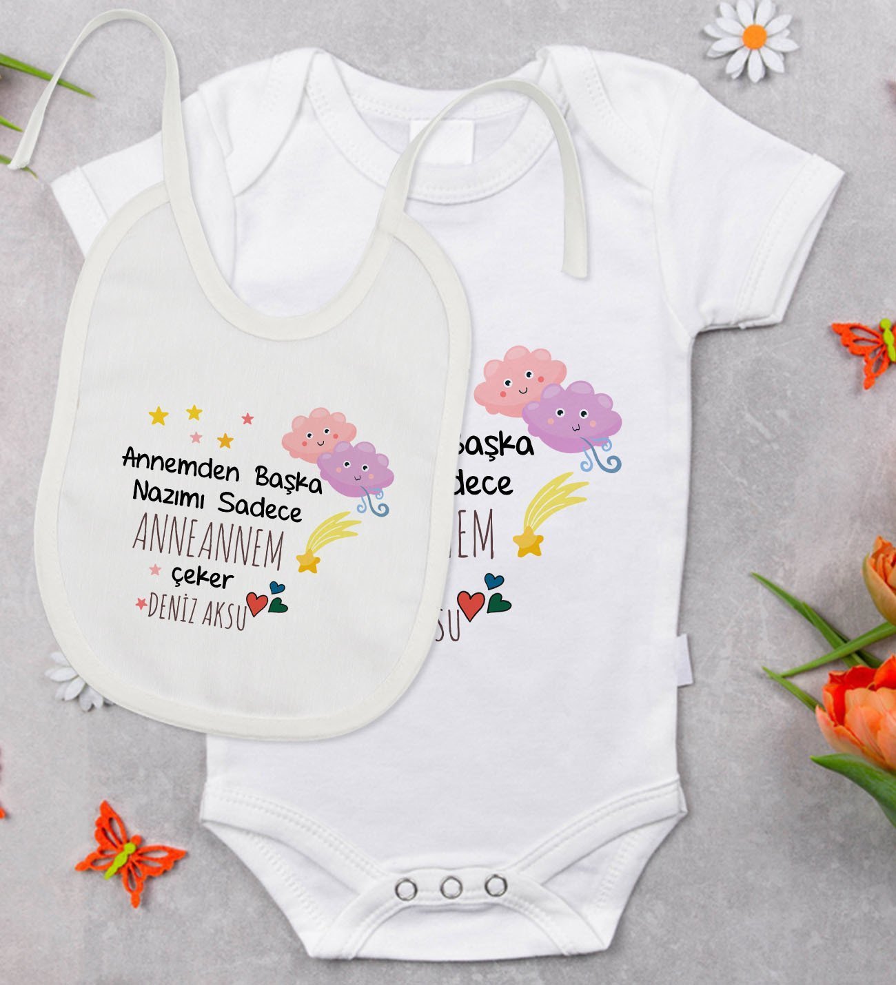 BK Kids Kişiye Özel Anneannem Tasarımlı Bebek Body Zıbın ve Mama Önlüğü Hediye Seti - Model 1