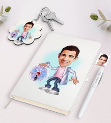 Kişiye Özel Erkek Elektrik Mühendisi Karikatürlü Beyaz Defter Kalem ve Anahtarlık Hediye Seti