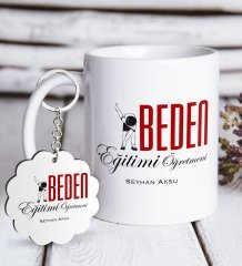 Kişiye Özel Beden Eğitimi Öğretmeni Beyaz Kupa ve Anahtarlık Hediye Seti