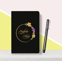 Kişiye Özel Çiçek Desenli Siyah Defter Kalem Seti-1