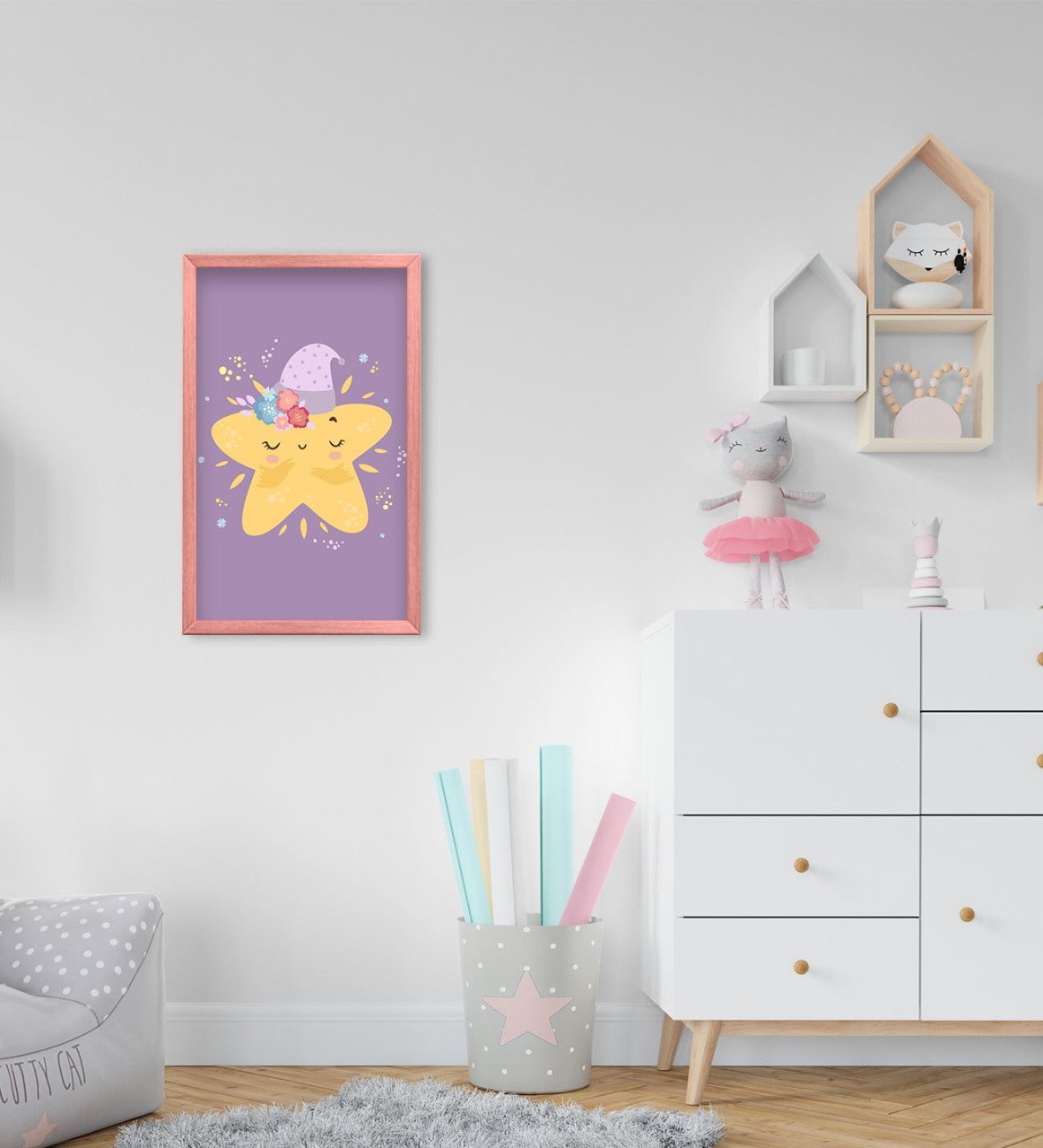 BK Home Sevimli Yıldız Tasarımlı Dekoratif Pembe Ahşap Çerçeveli Çocuk Odası Tablo-2