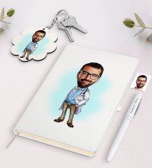 Kişiye Özel Erkek Doktor Karikatürlü Beyaz Defter Kalem ve Anahtarlık Hediye Seti-8