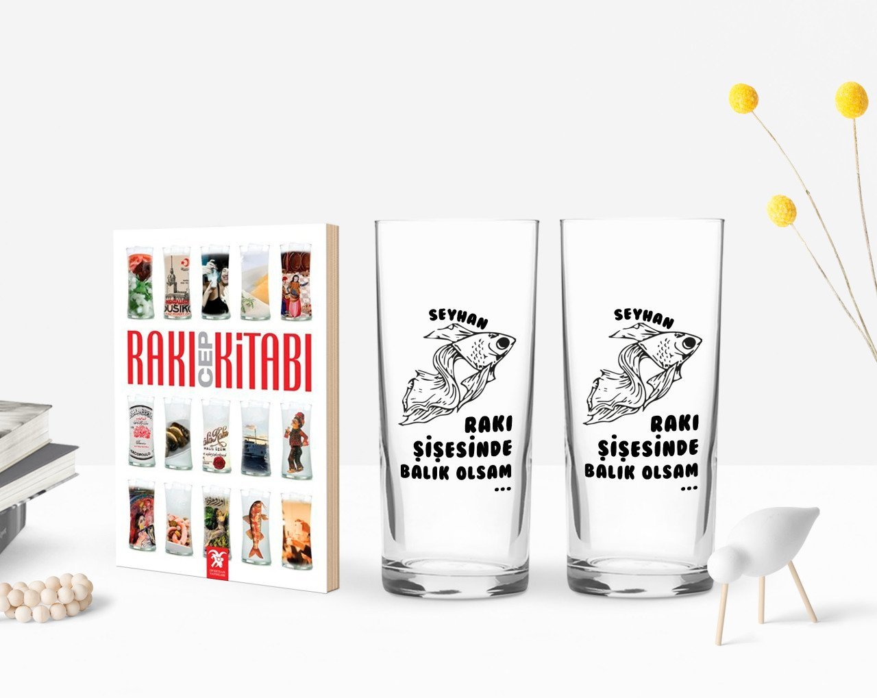 Kişiye Özel Renkli Baskılı Rakı Şişesinde Balık Olsam Tasarımlı İkili Rakı Bardağı ve Rakı Cep Kitabı Hediye Seti-1