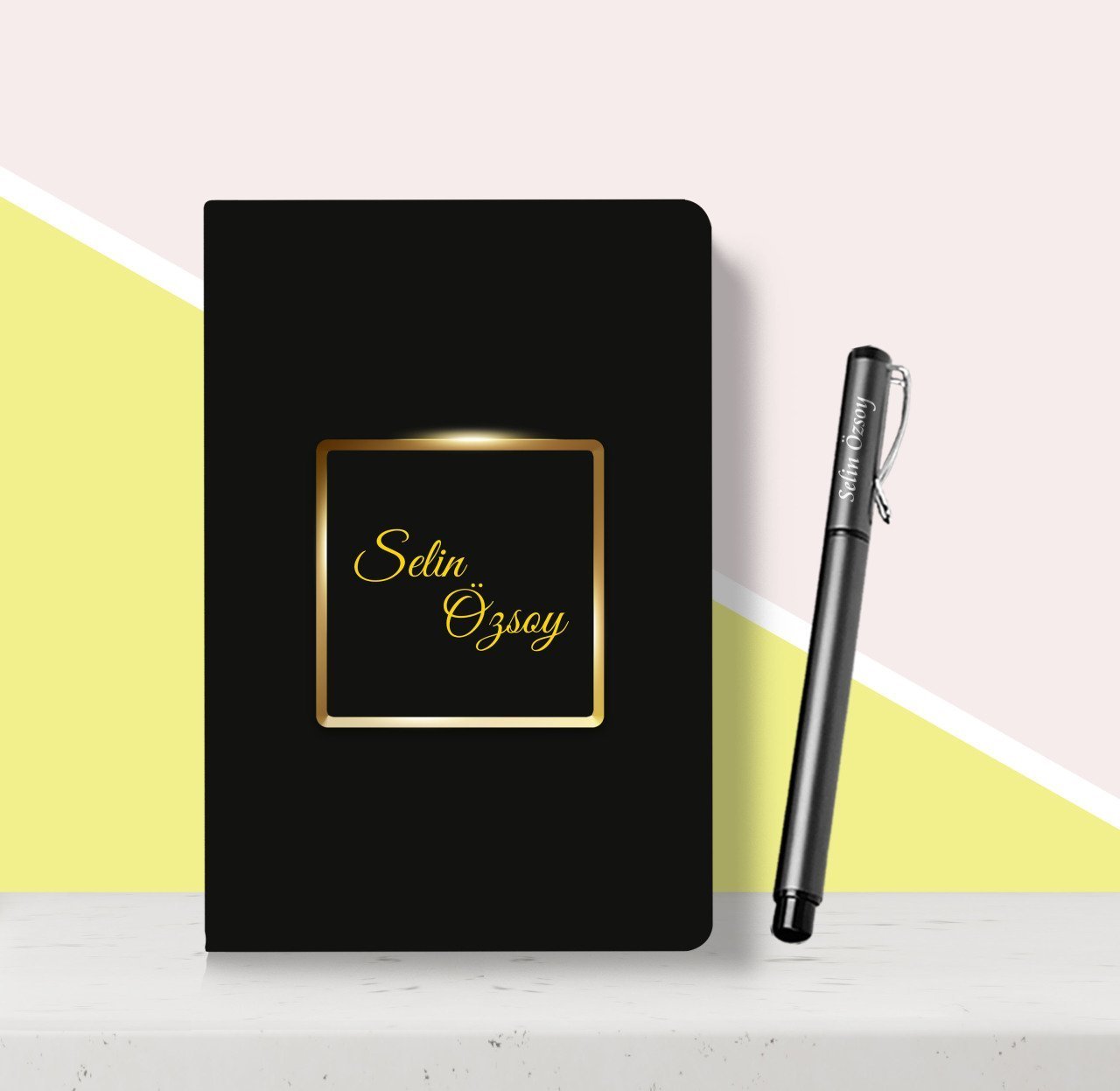 Kişiye Özel Altın Çerçeve Tasarımlı Siyah Defter Kalem Seti-1