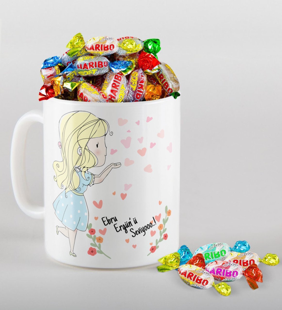 Kişiye Özel Sevgililer Günü Beyaz Kupa ve Haribo Şeker Hediye Seti-60