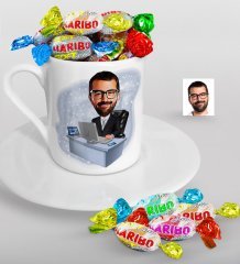 Kişiye Özel Bay Genel Müdür Karikatürlü Türk Kahvesi Fincanı ve Haribo Şeker Hediye Seti-1