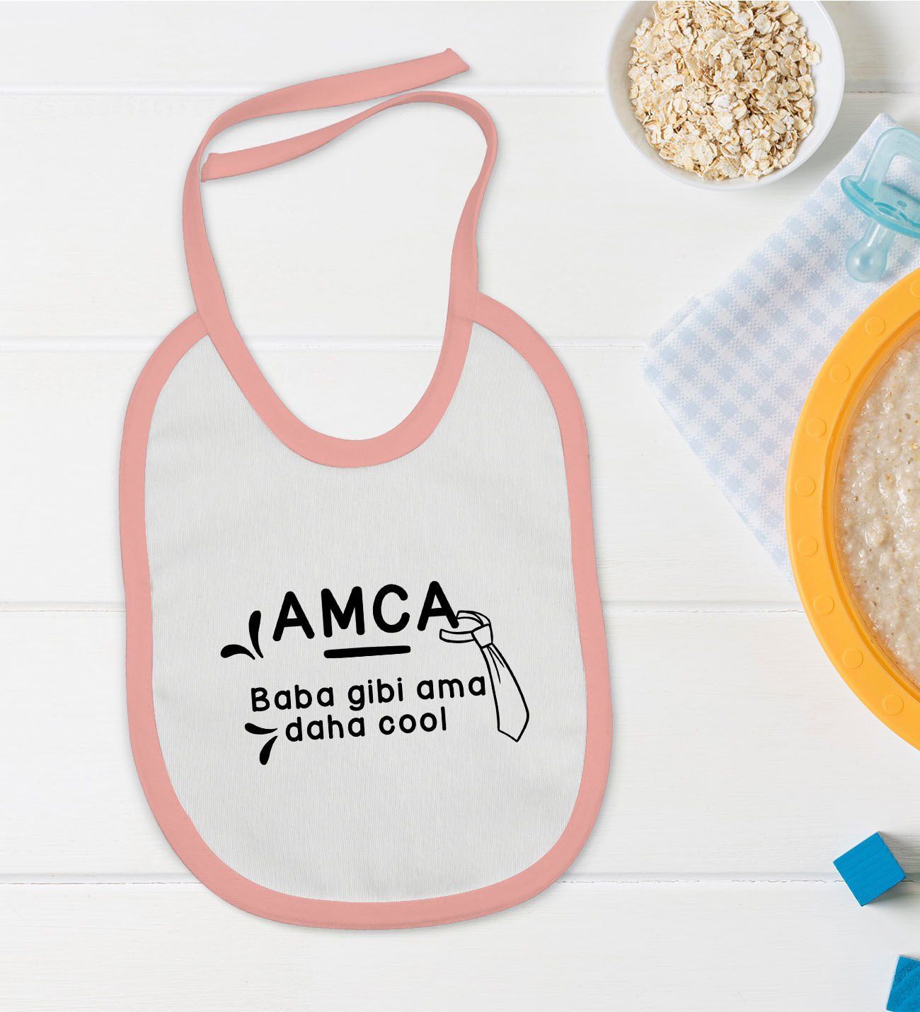 BK Kids Amca Baba Gibi Tasarımlı Pembe Bebek Mama Önlüğü-1