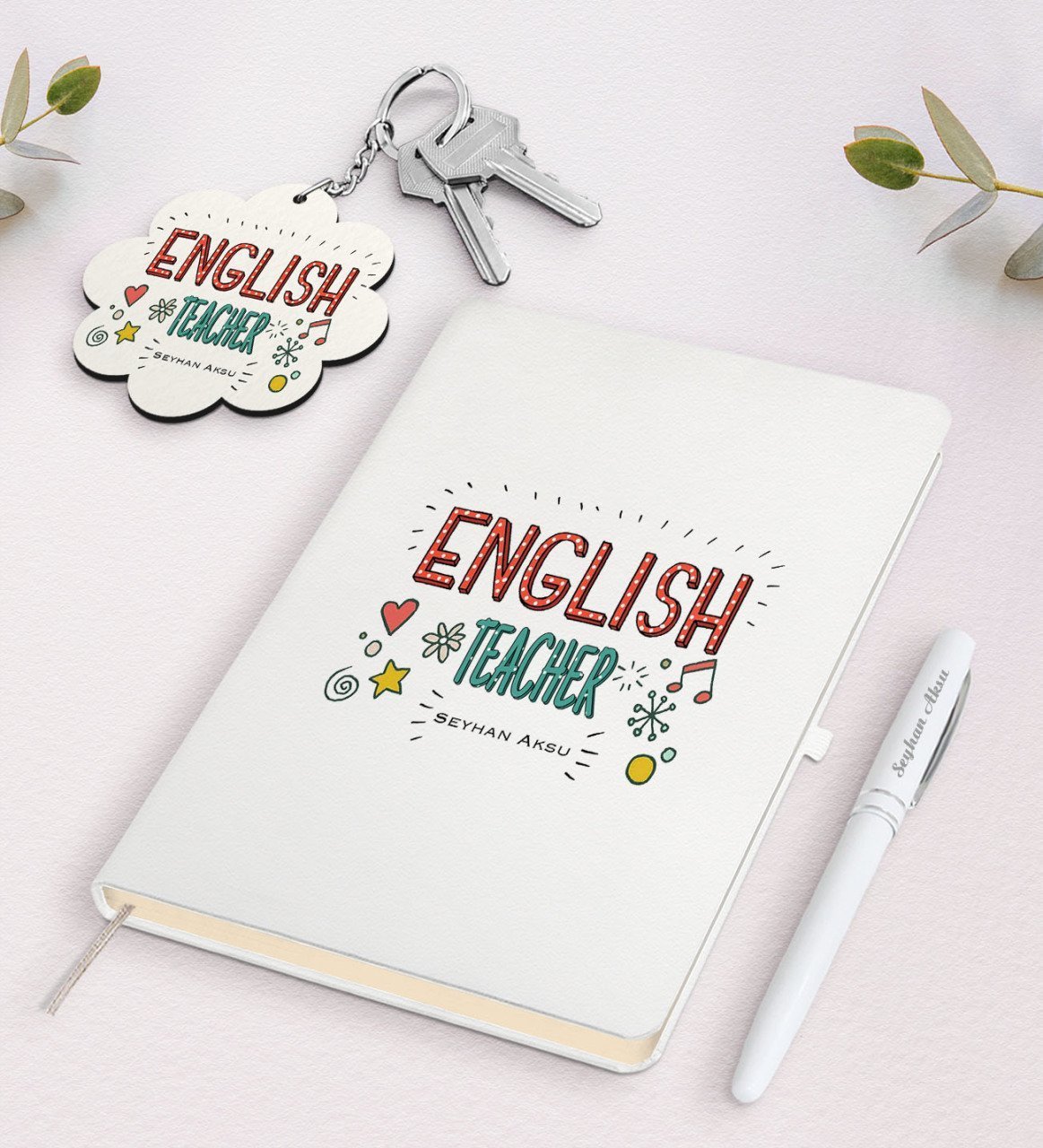 Kişiye Özel İngilizce Öğretmeni Beyaz Defter Kalem Ve Anahtarlık Hediye Seti-5
