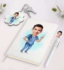 Kişiye Özel Erkek Doktor Karikatürlü Beyaz Defter Kalem ve Anahtarlık Hediye Seti-3