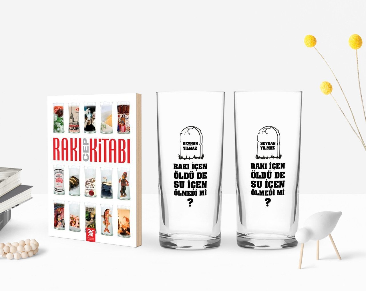 Kişiye Özel Renkli Baskılı Raki İçen Öldü De Su İçen Ölmedi Mi İkili Rakı Bardağı ve Rakı Cep Kitabı Hediye Seti-1
