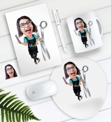 Kişiye Özel Bayan Kuaför Karikatürlü Defter Kalem Kupa Mouse Pad Seti