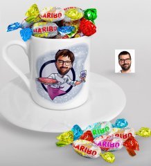 Kişiye Özel Bay Garson Karikatürlü Türk Kahvesi Fincanı ve Haribo Şeker Hediye Seti-1