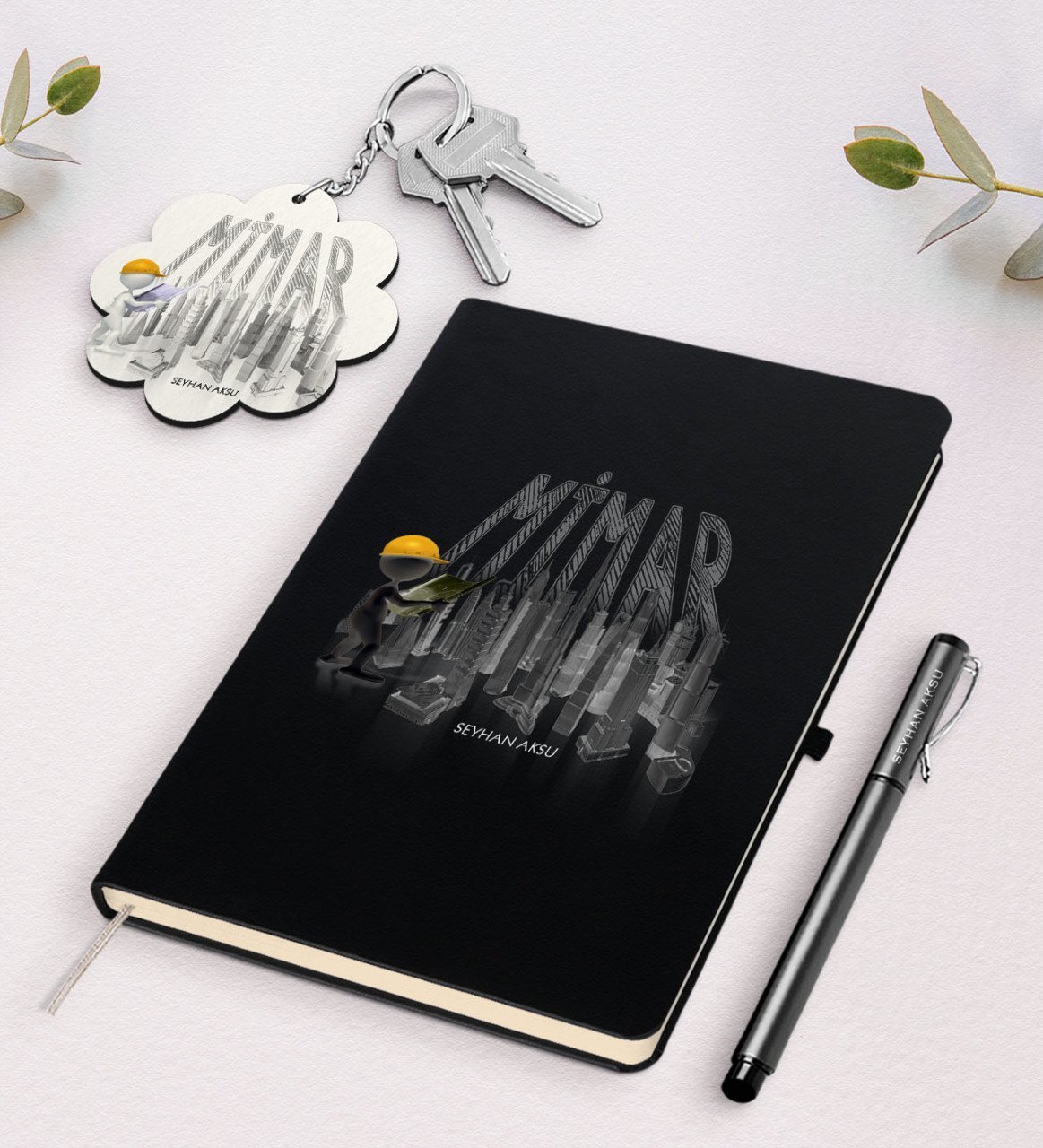 Kişiye Özel Mimar Siyah Defter Kalem Ve Anahtarlık Hediye Seti-1