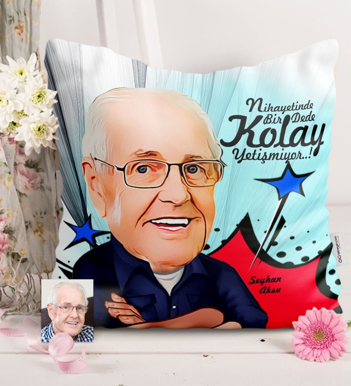 Kişiye Özel Dede Karikatürlü Saten Yastık - 1