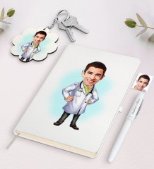 Kişiye Özel Erkek Doktor Karikatürlü Beyaz Defter Kalem ve Anahtarlık Hediye Seti-1