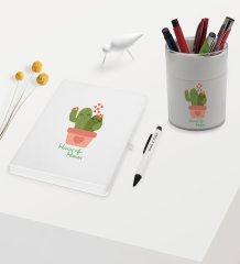 BK Gift Kişiye Özel Kaktüs Tasarımlı Beyaz Defter Kalem ve Kalemlik Hediye Seti - Model 11