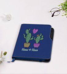 Kişiye Özel Kaktüs Tasarımlı Lacivert Termo Deri Defter-12