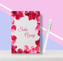 Kişiye Özel Gül Yaprakları Desenli Beyaz Defter Kalem Seti-1