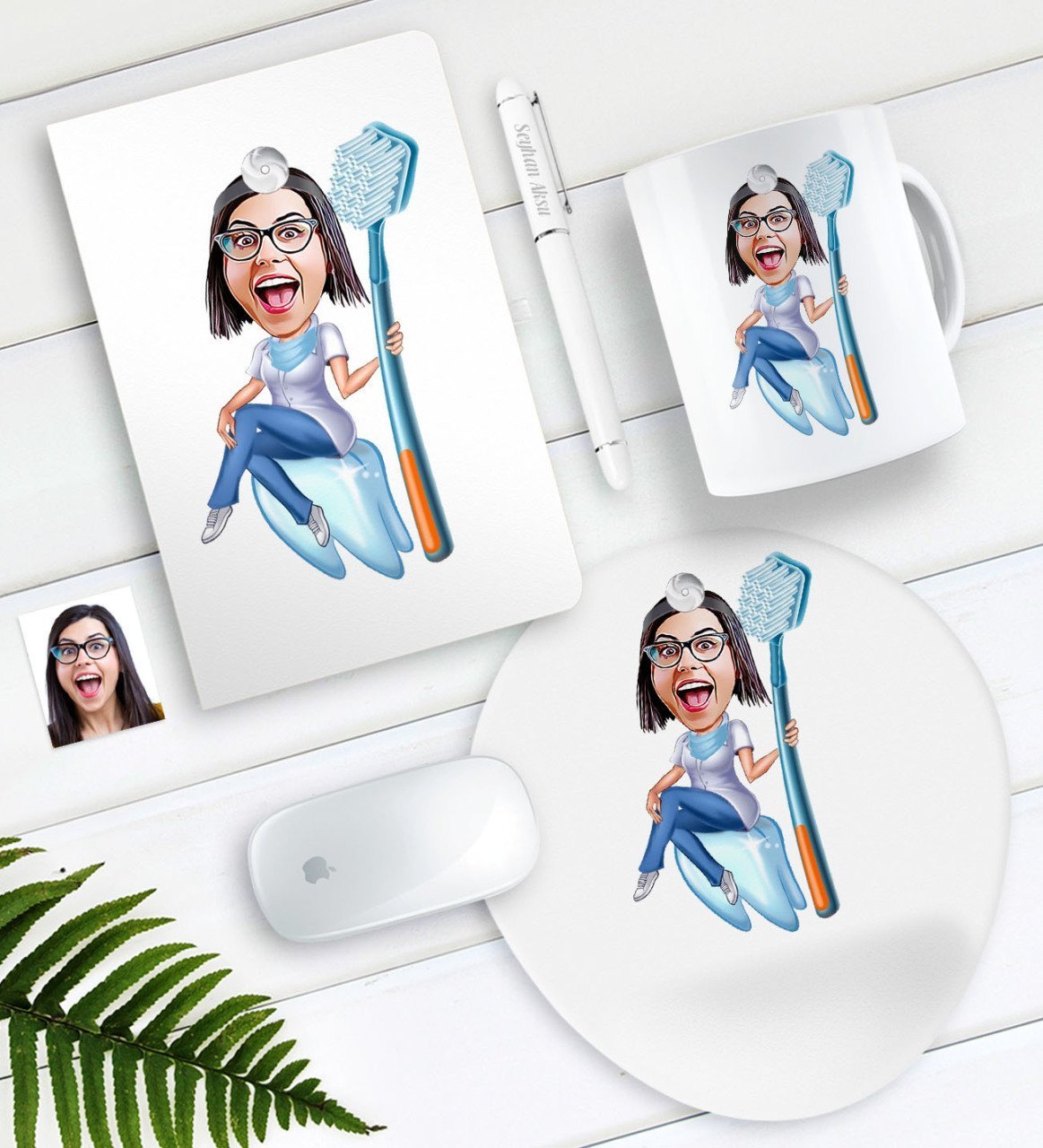 Kişiye Özel Bayan Diş Hekimi Karikatürlü Defter Kalem Kupa Mouse Pad Seti-2