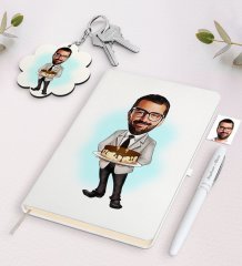 Kişiye Özel Erkek Doğum Günü Karikatürlü Beyaz Defter Kalem ve Anahtarlık Hediye Seti-3