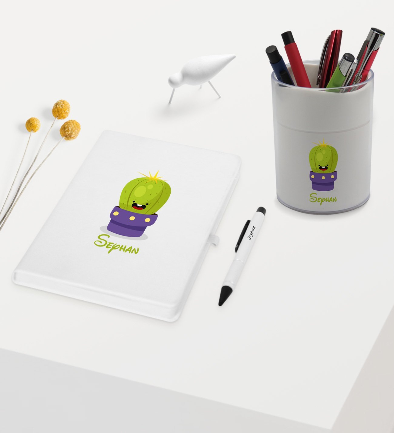 BK Gift Kişiye Özel Kaktüs Tasarımlı Beyaz Defter Kalem ve Kalemlik Hediye Seti - Model 10