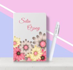 Kişiye Özel Çiçek Desenli Beyaz Defter Kalem Seti-13