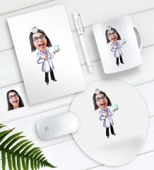 Kişiye Özel Bayan Diş Hekimi Karikatürlü Defter Kalem Kupa Mouse Pad Seti-1