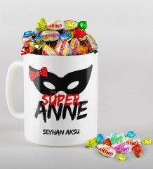 Kişiye Özel Süper Anne Tasarımlı Beyaz Kupa ve Haribo Şeker Hediye Seti-1