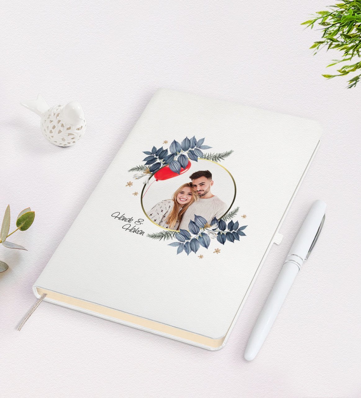 Kişiye Özel Sevgililer Günü Temalı İsimli Fotoğraflı Beyaz Defter Kalem Seti-34