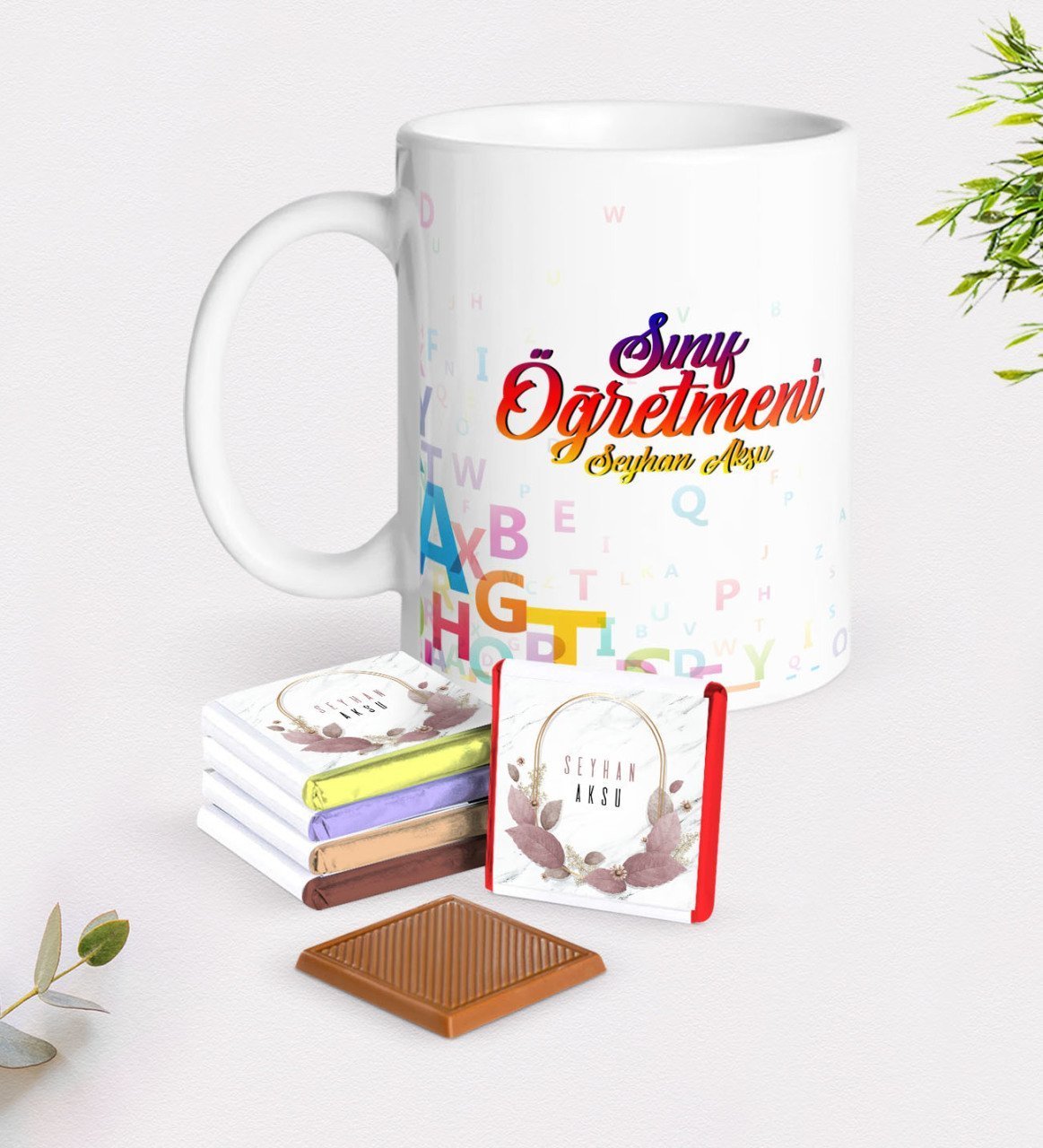 Kişiye Özel Sınıf Öğretmeni Beyaz Kupa ve Çikolata Hediye Seti-13