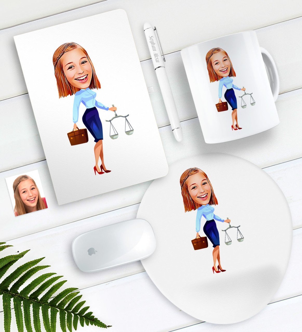 Kişiye Özel Bayan Avukat Karikatürlü Defter Kalem Kupa Mouse Pad Seti-3