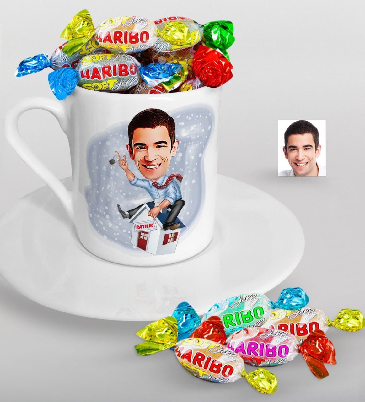 Kişiye Özel Bay Emlakçı Karikatürlü Türk Kahvesi Fincanı ve Haribo Şeker Hediye Seti-1